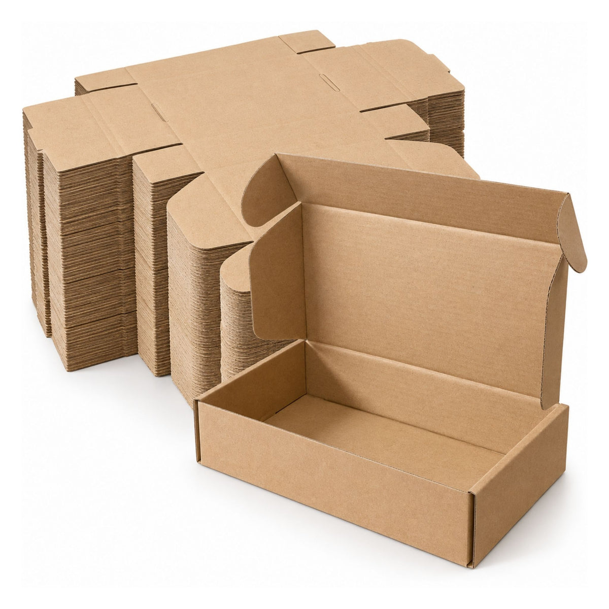 A stack of brown corrugated cardboard shipping boxes, with one open box in the foreground on a clean white background.