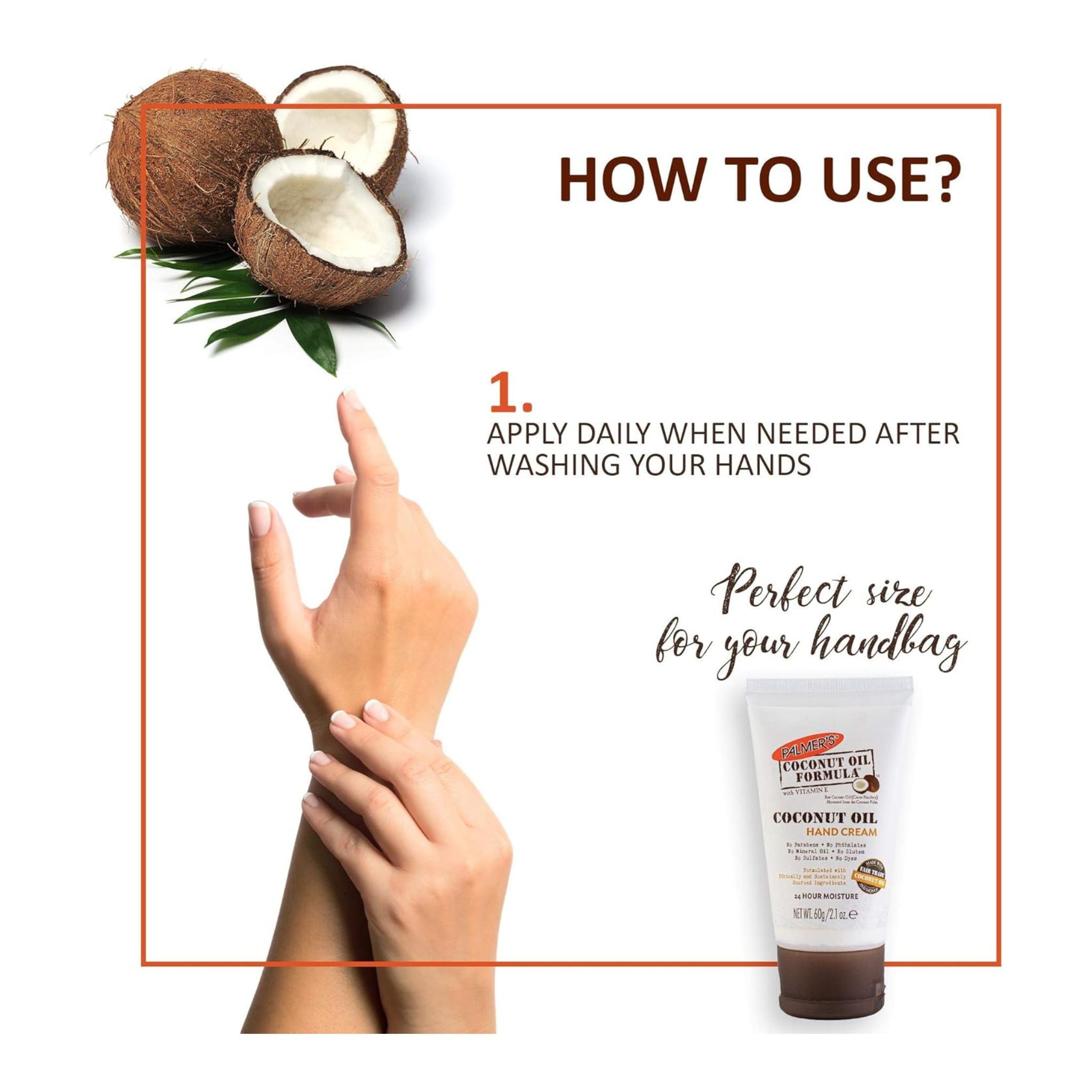 Coconut oil hand cream with instructions on how to use it, featuring a hand and coconuts.