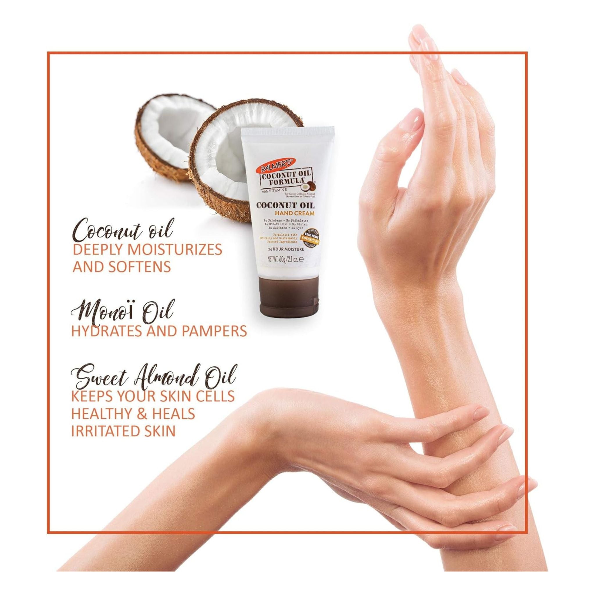 Hand cream with coconuts and text on moisturizing benefits on a white background
