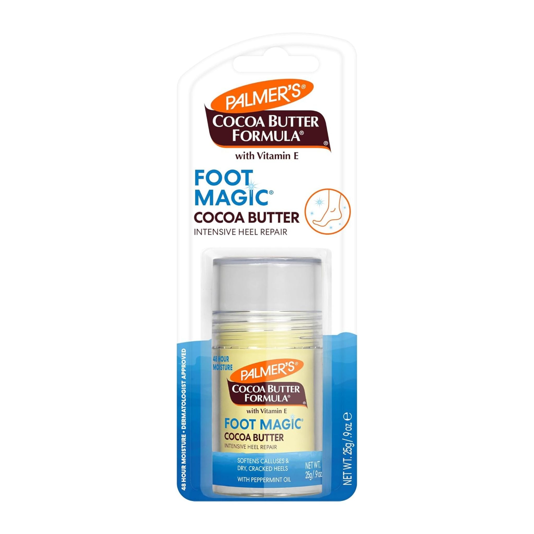 Front view showing product details of Palmer’s Heel Repair Stick 25g twin pack