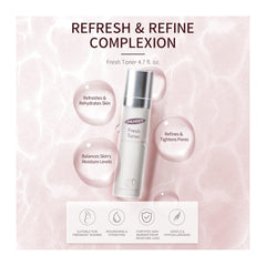 Skincare product packaging with 'Refresh & Refine Complexion' text on a pink background