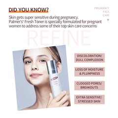 Advertisement for Palmer's Fresh Toner with a woman holding the product and text about pregnancy skin care.