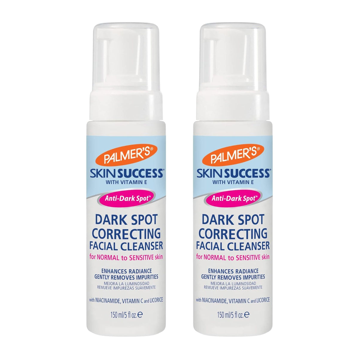 Two bottles of Palmer's Skin Success Dark Spot Correcting Facial Cleanser on a white background