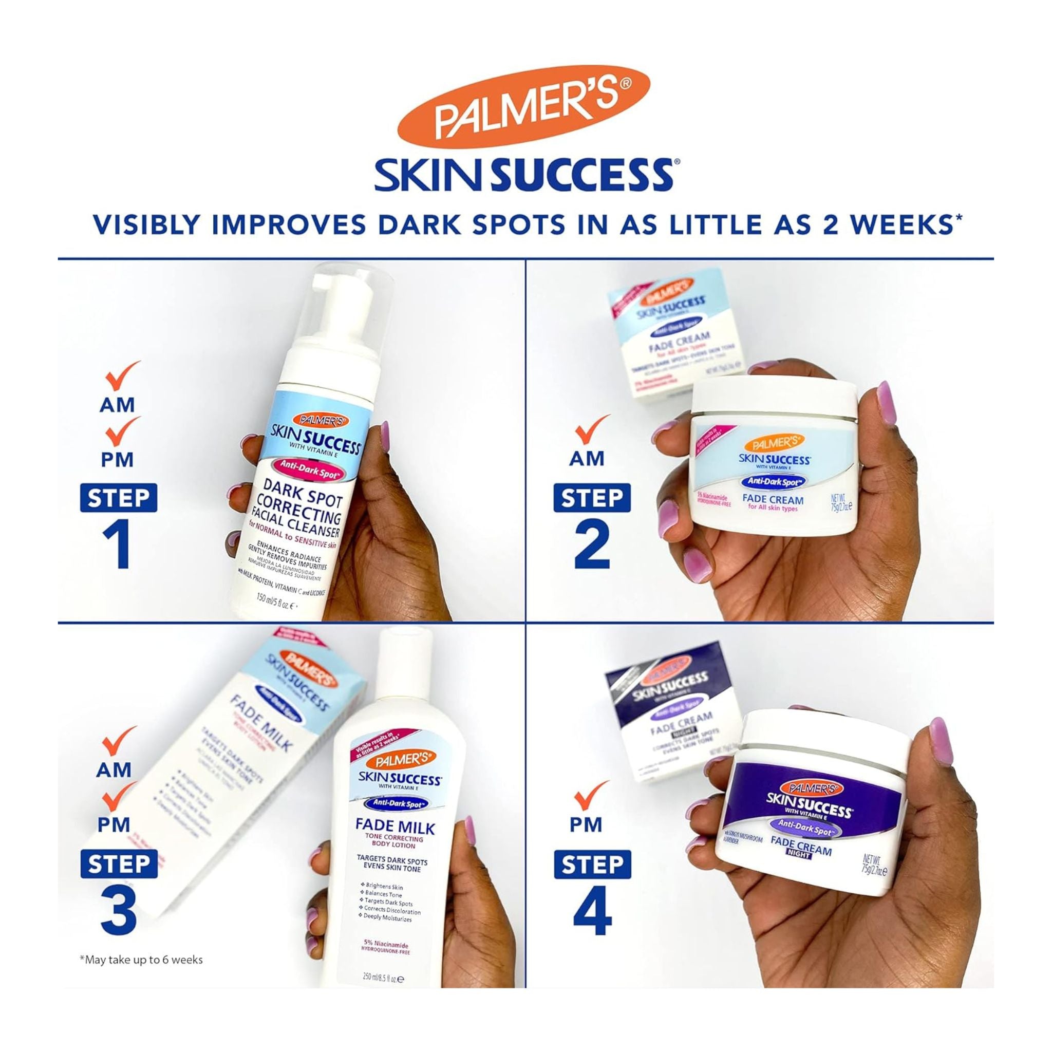 Palmer's Skin Success skincare products with step-by-step instructions on a white background