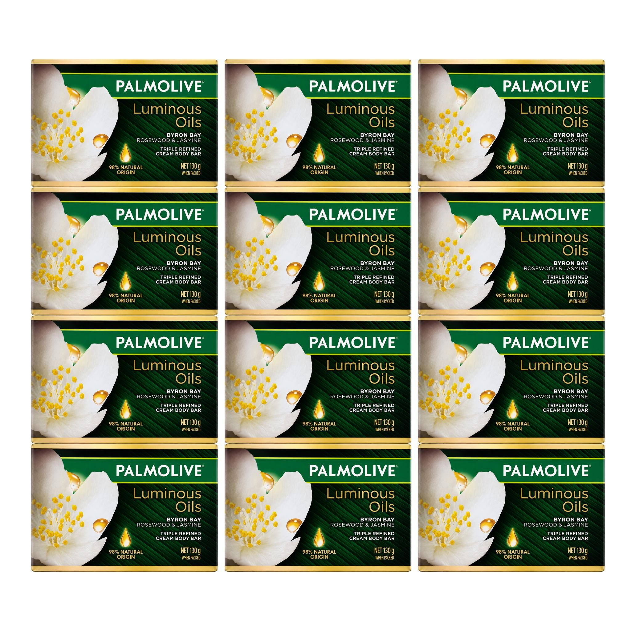 A 12-pack grid of Palmolive Luminous Oils Emporio Bay soap bars, showing the front packaging of each bar in a clean, studio-style layout.