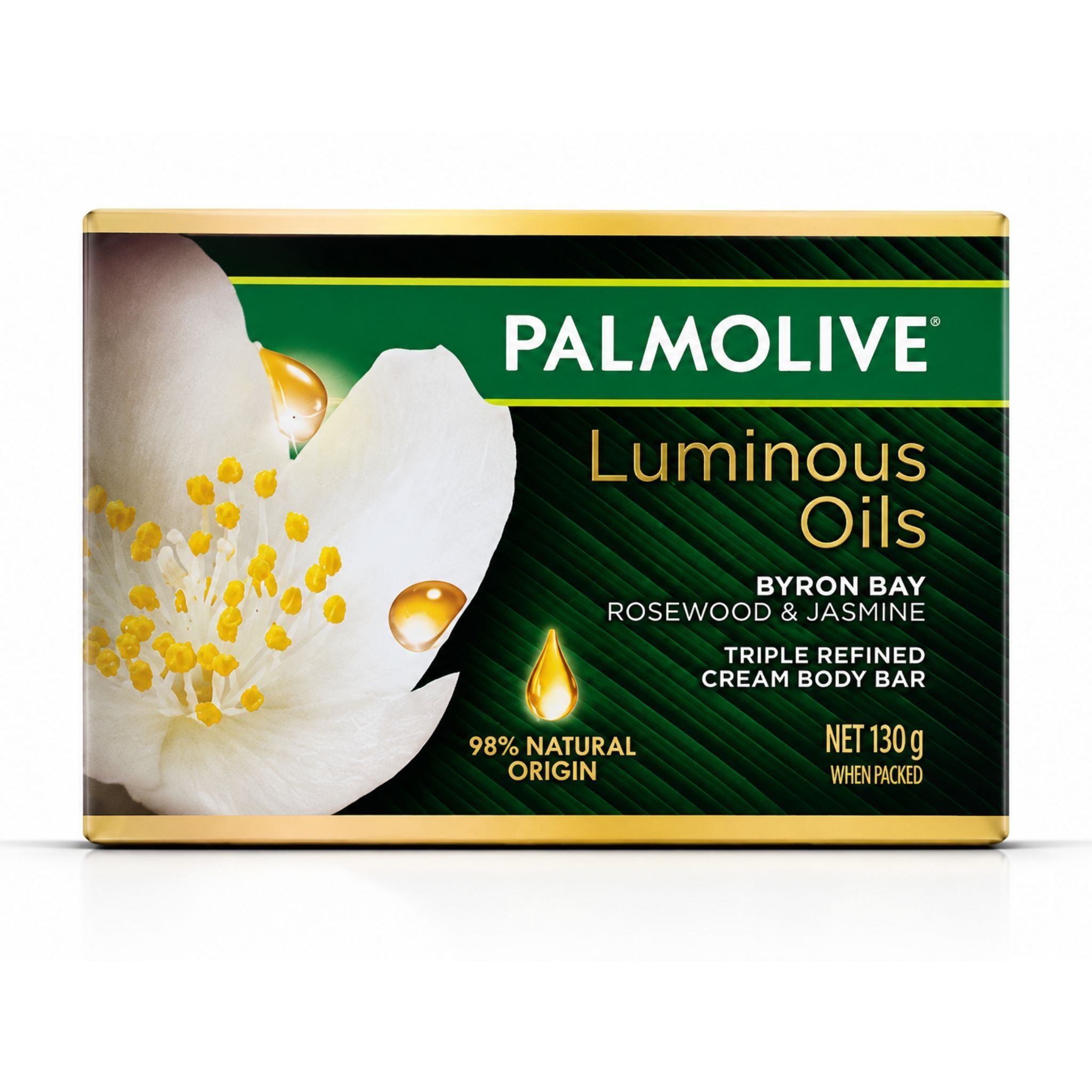A boxed Palmolive Luminous Oils cream body bar in Byron Bay Rosewood & Jasmine scent, featuring a dark green and gold package design with a white flower graphic on the front.