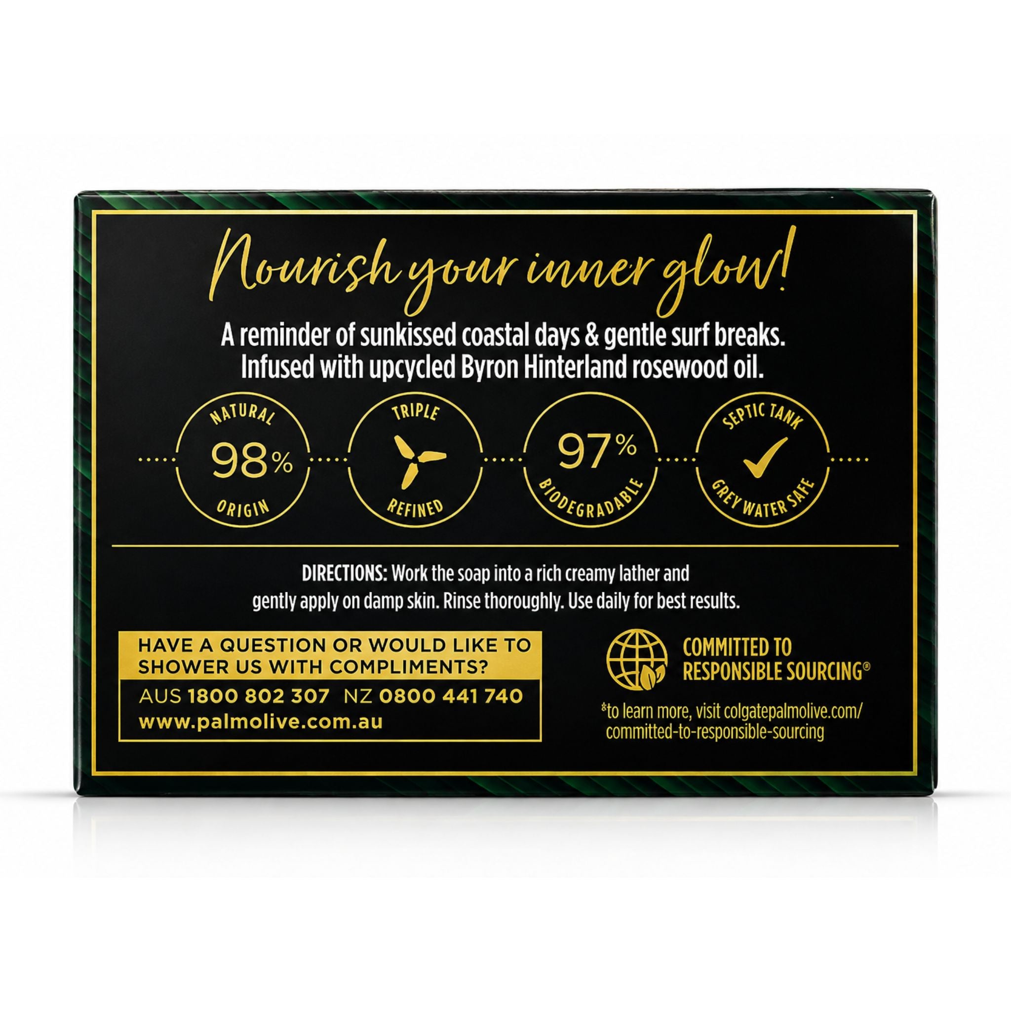 The back of a Palmolive soap bar package, featuring a black background with gold and white text and graphics, including 'Nourish your inner glow!' and product details.