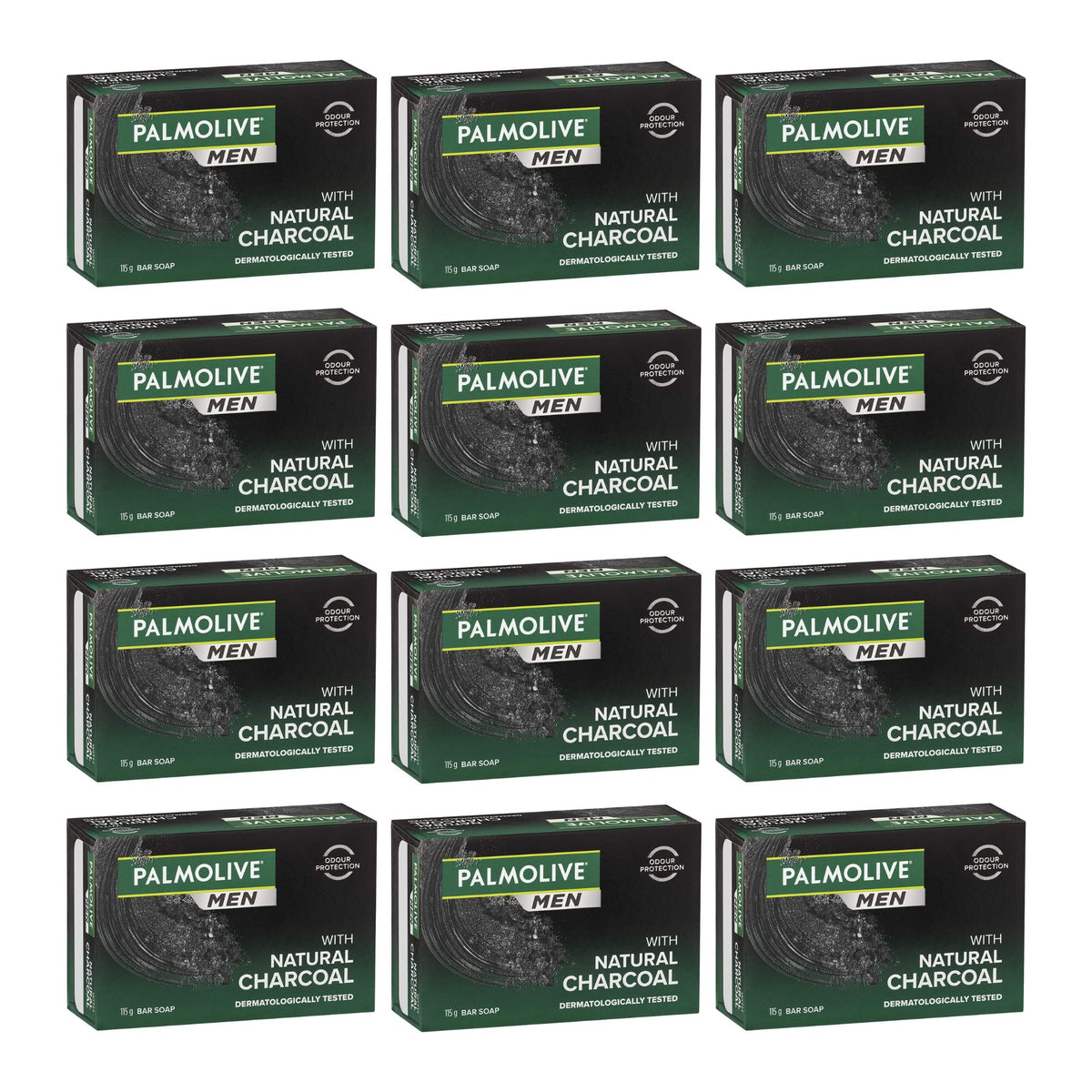 Grid of Palmolive Men with Natural Charcoal soap boxes.