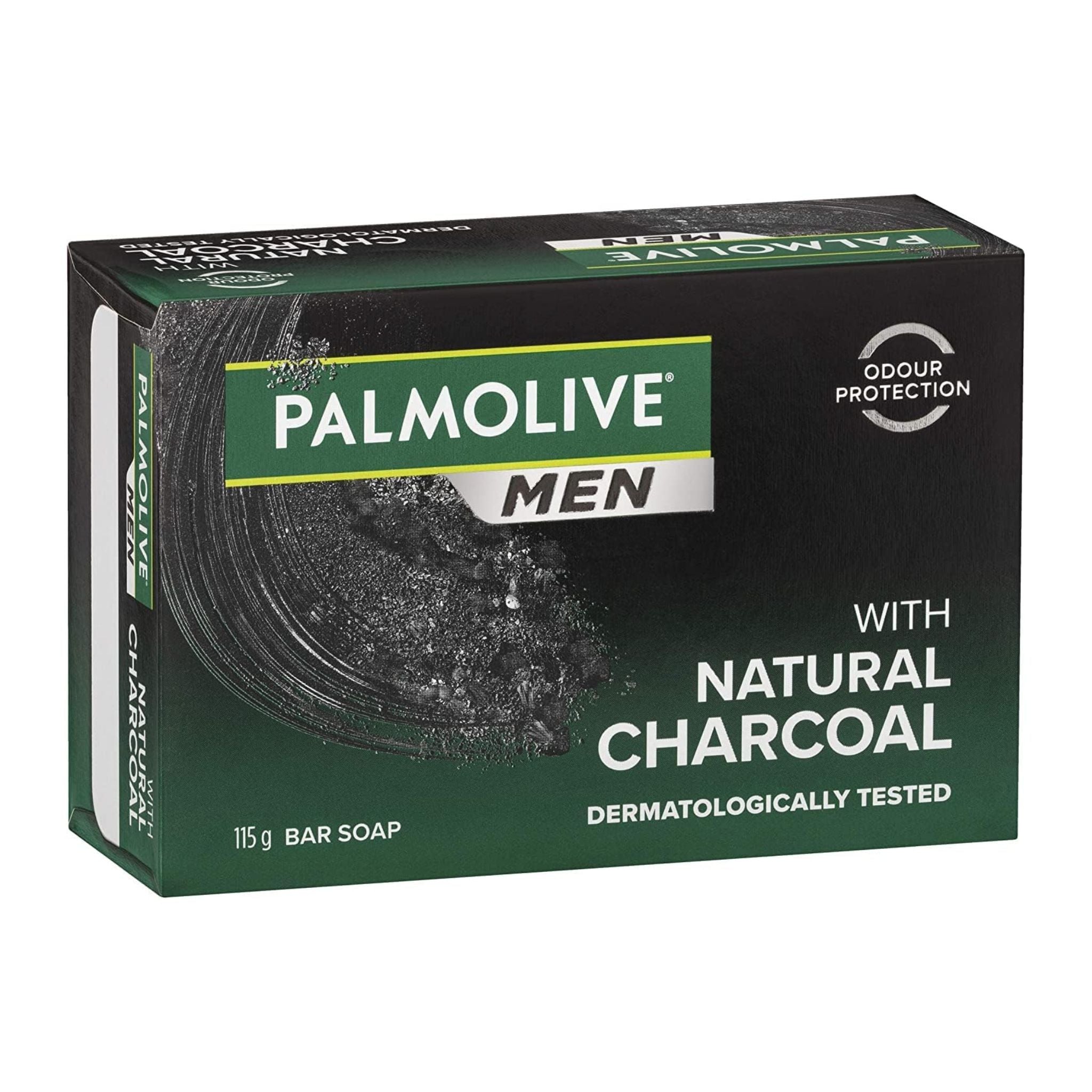 Palmolive Men bar soap packaging with natural charcoal on a white background