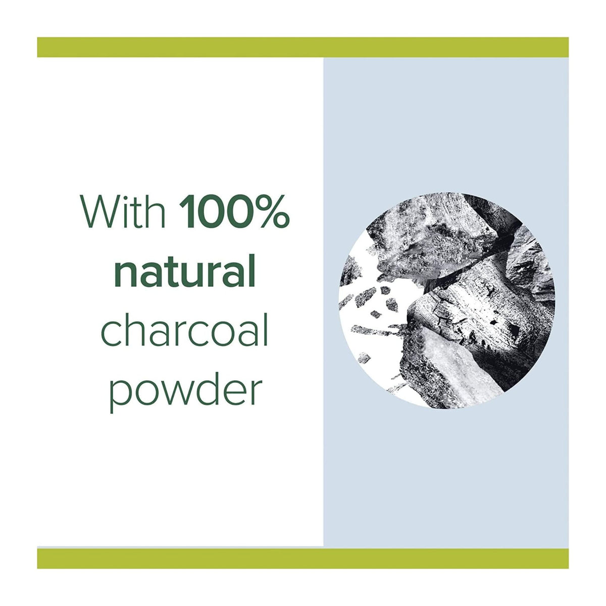 Product packaging with natural charcoal powder text and image on a light blue background