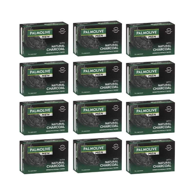 Palmolive Men Natural Charcoal Bar Soap 115g pack of 12 bars, front and back packaging view