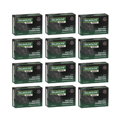 Palmolive Men Natural Charcoal Bar Soap 115g pack of 12 bars, front and back packaging view