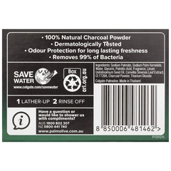 Back view of a single Palmolive Men Natural Charcoal Bar Soap 115g showing ingredients, usage instructions, and barcode