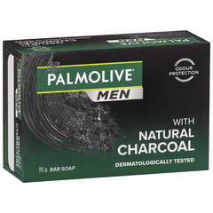 Front view of a single Palmolive Men Natural Charcoal Bar Soap 115g box showing product branding