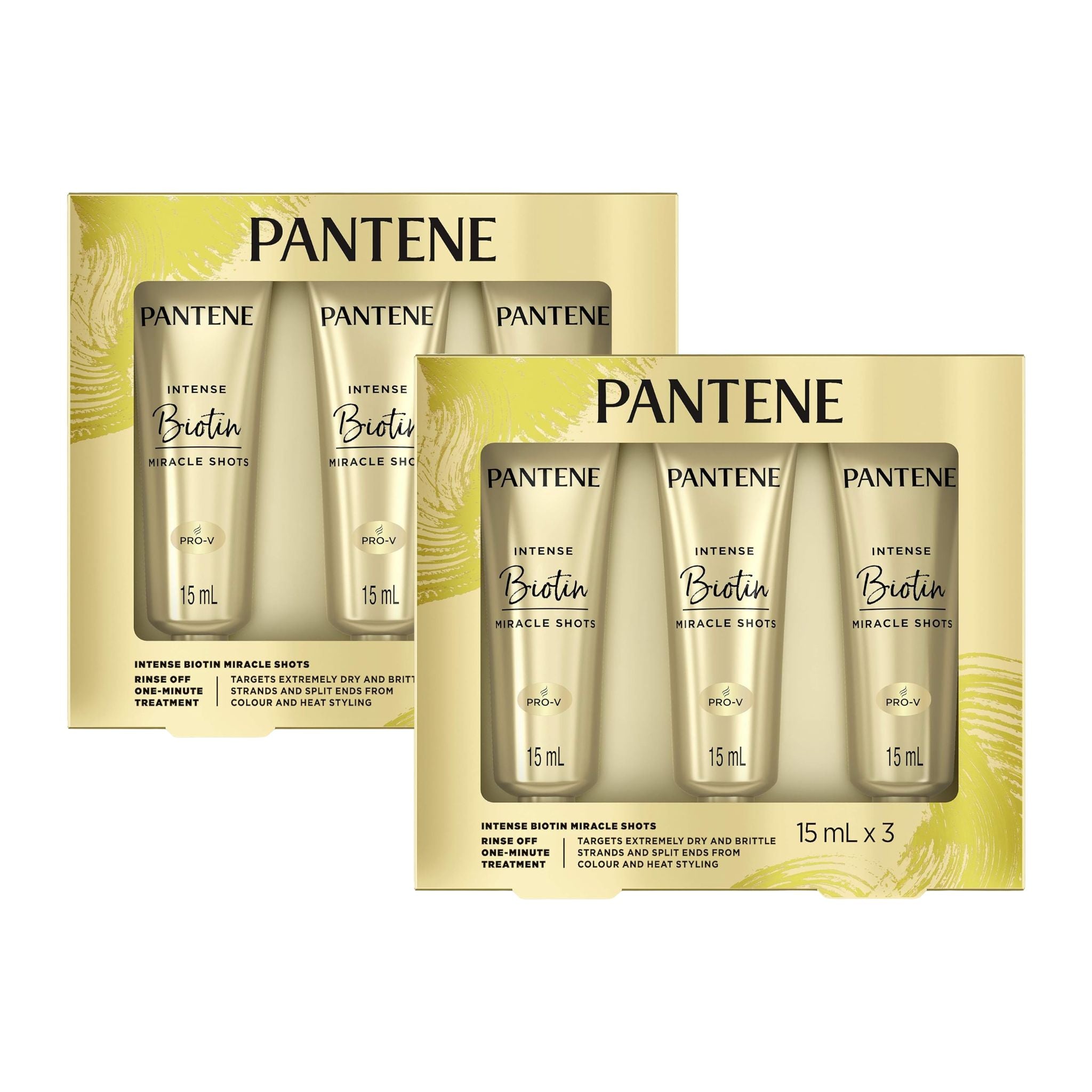 Two packages of Pantene Intense Biotin Miracle Shots hair treatment on a white background