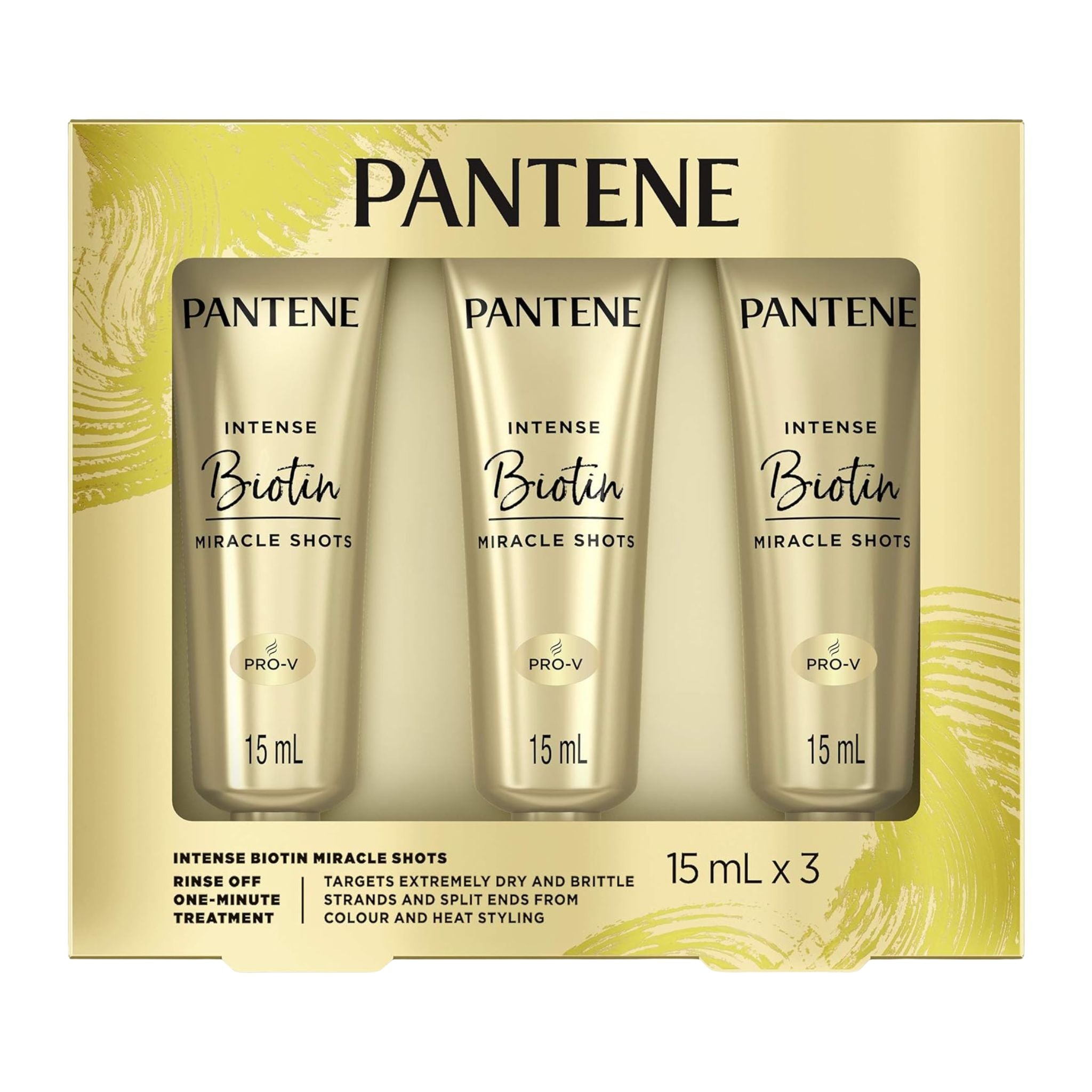 Pantene Intense Biotin Miracle Shots packaging with three bottles inside.