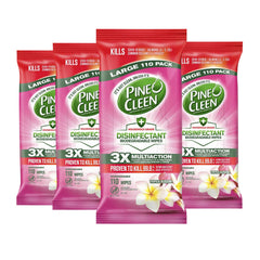 Four packages of Pine-Cleen disinfectant wipes on a white background