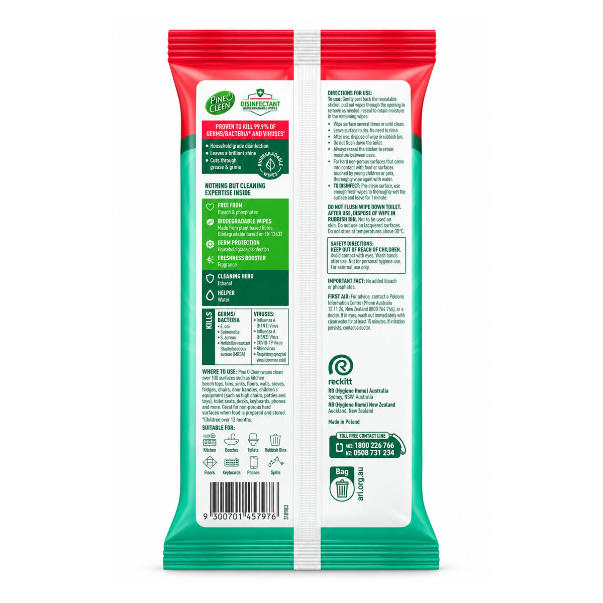 The back of a green and red resealable package for Eco-Cert Clean Magic Strip wipes, showing detailed product information, ingredients, and instructions on a white background.