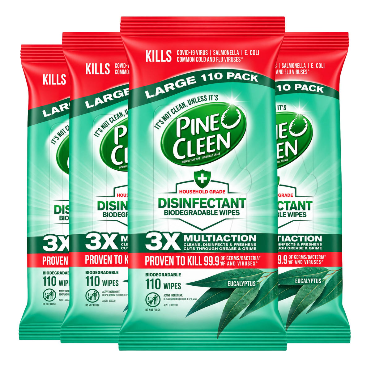 Four Pine-Cleen disinfectant wipes packages arranged in a fan shape on a plain white background. The packages are predominantly green with red top and bottom bands, and feature the Pine-Cleen logo and product details.