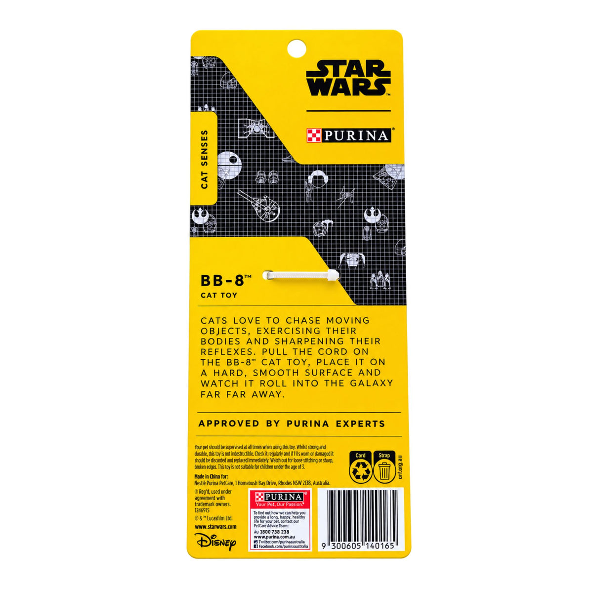 Back view of Purina Total Care Star Wars BB-8 cat toy packaging showing product details and instructions