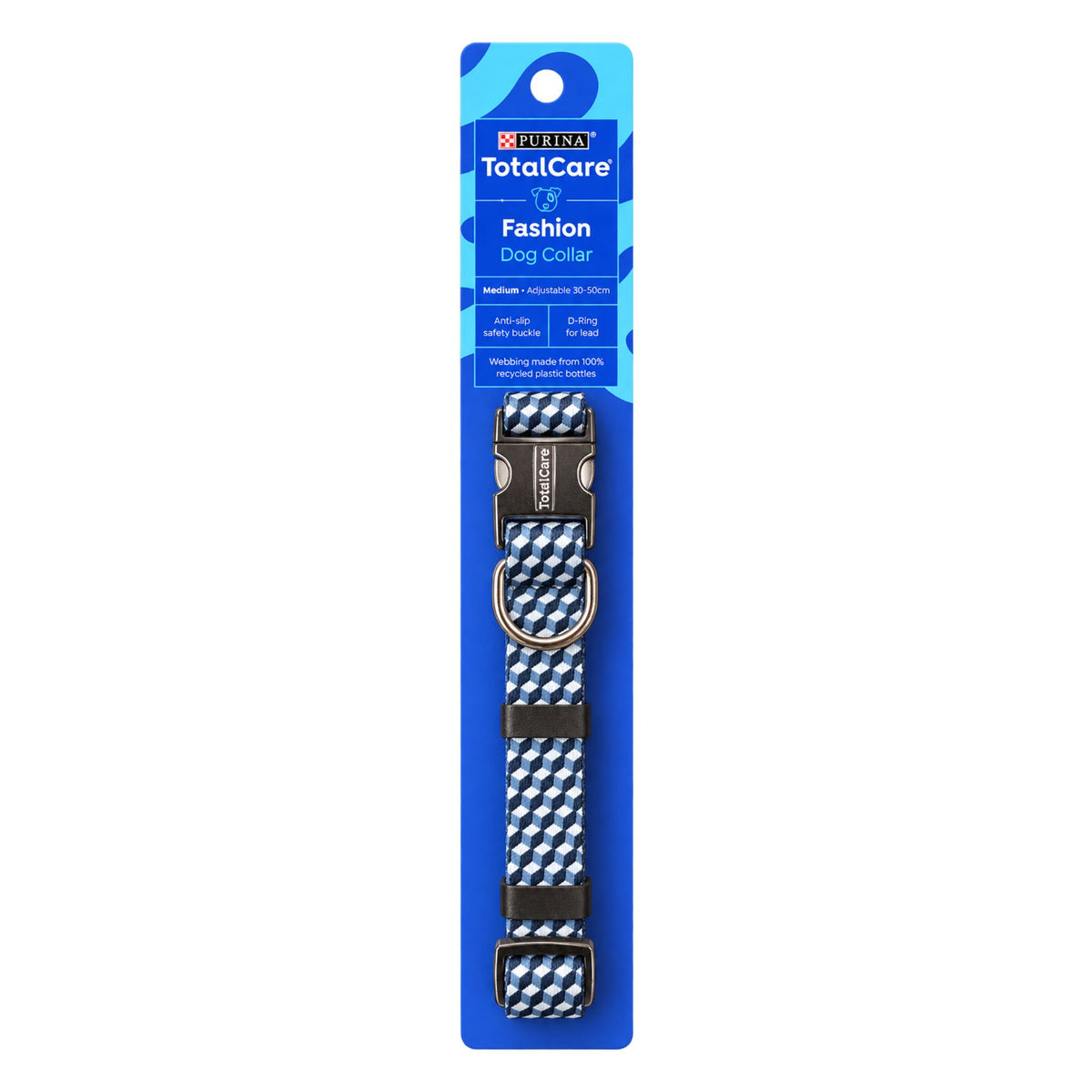 Purina TotalCare for Fashion Dog Collar, featuring a blue and white patterned strap with black hardware, presented on its original blue retail packaging card against a white background.