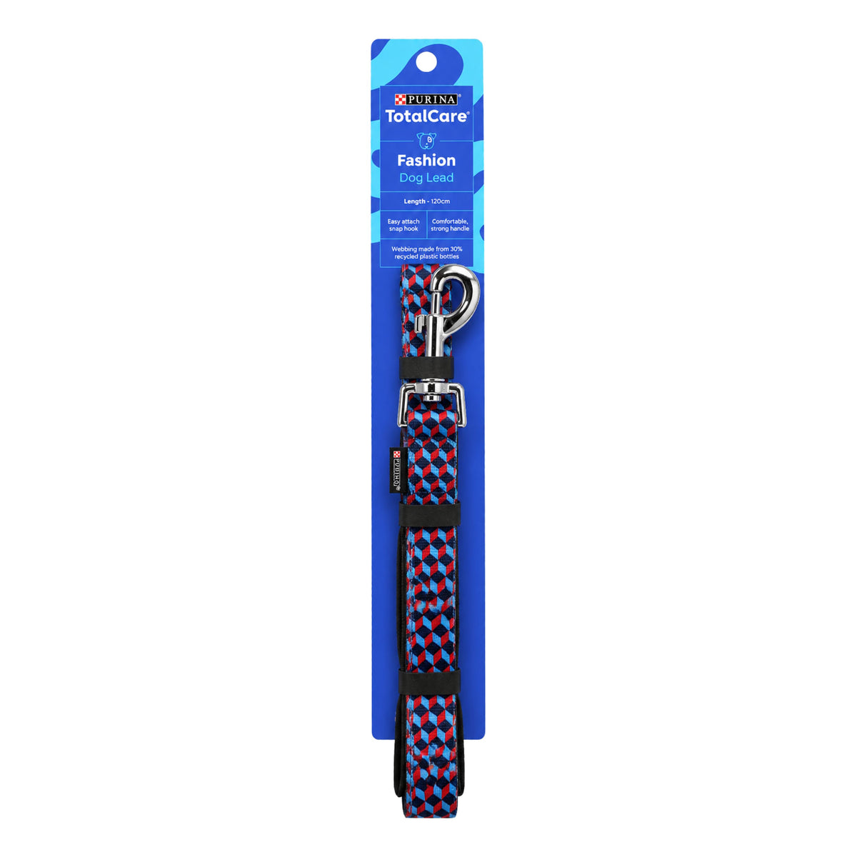 A pet leash with a woven red, blue, and black pattern, attached to a blue and white TotalCare brand retail card.