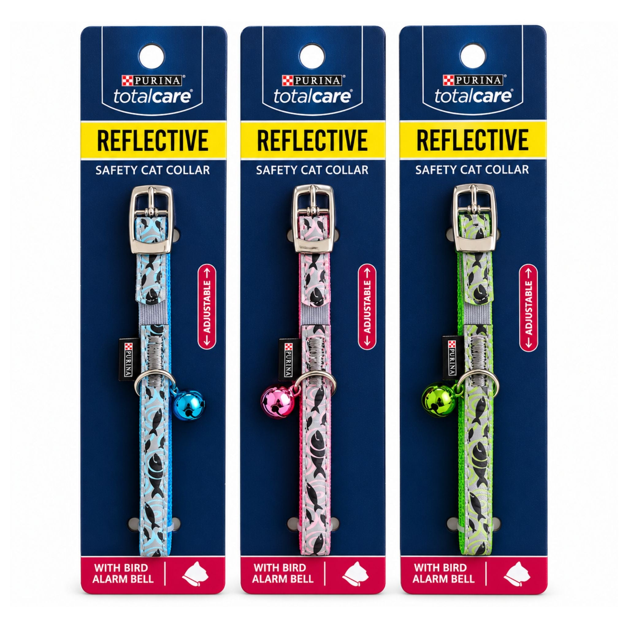 Three Purina totalcare Reflective Safety Cat Collars in different colors (blue, pink, and green) on their original retail packaging cards.