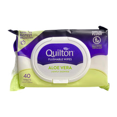 Quilton Aloe Vera flushable wipes packaging on a white background