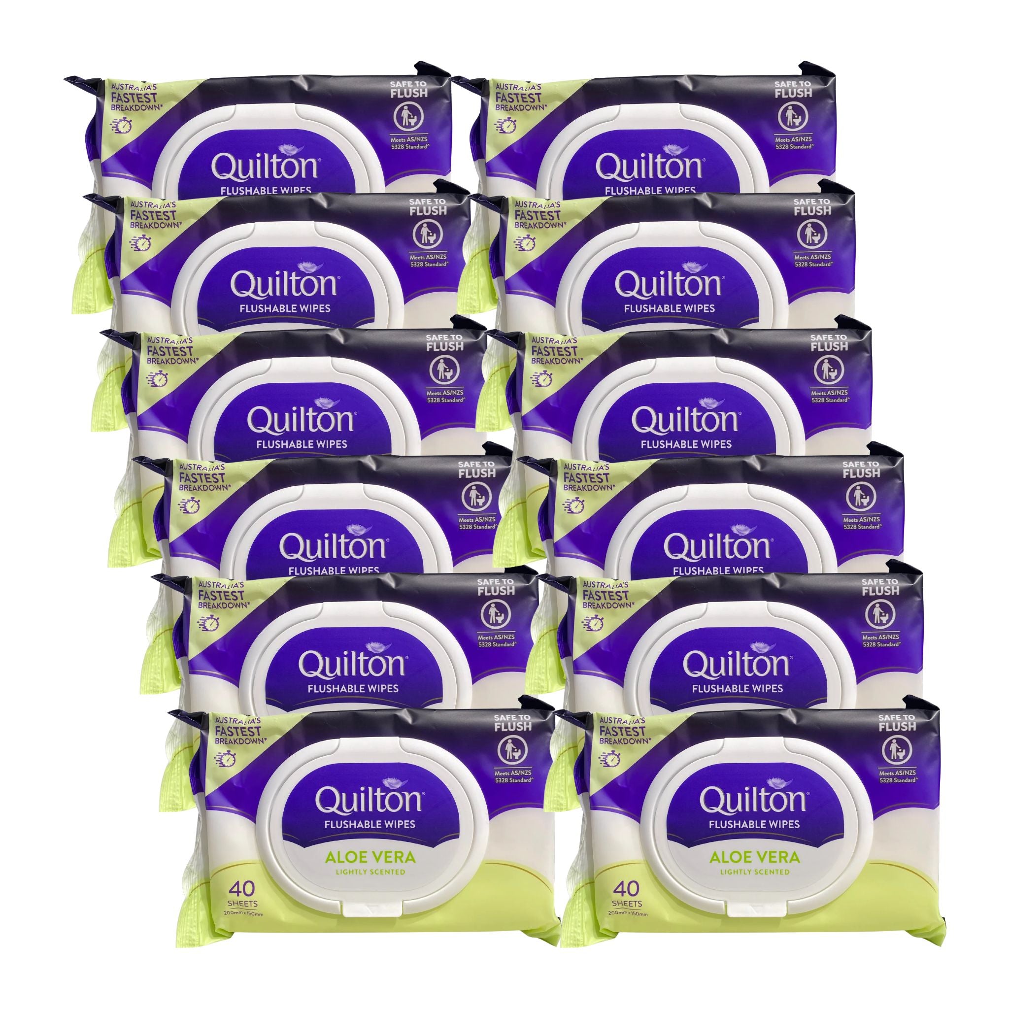 12 packages of Quilton flushable wipes on a white background