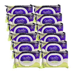 12 packages of Quilton flushable wipes on a white background