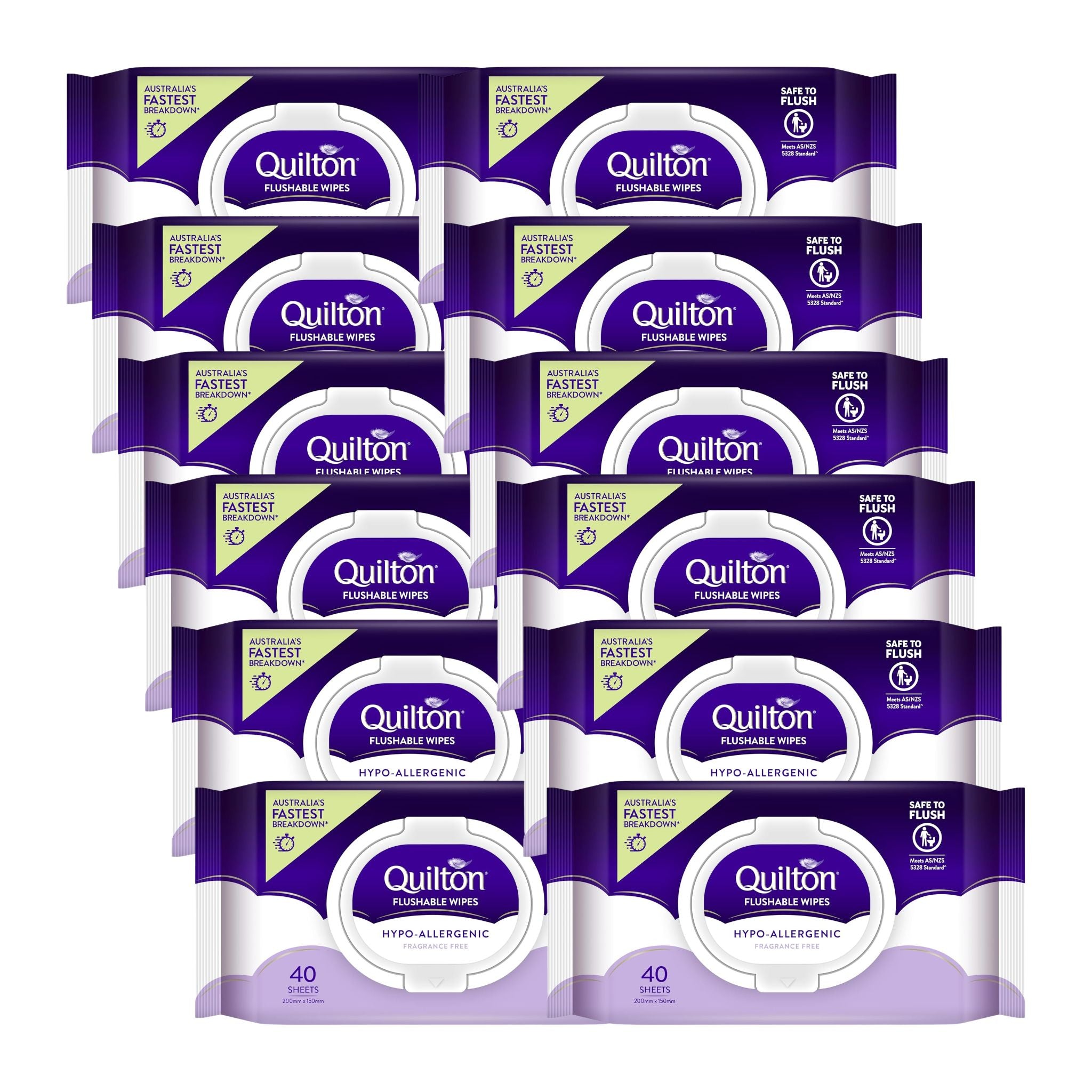 Multiple packages of Quilton flushable wipes on a white background