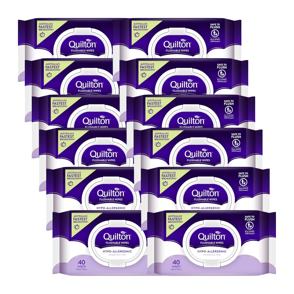Multiple packages of Quilton flushable wipes on a white background