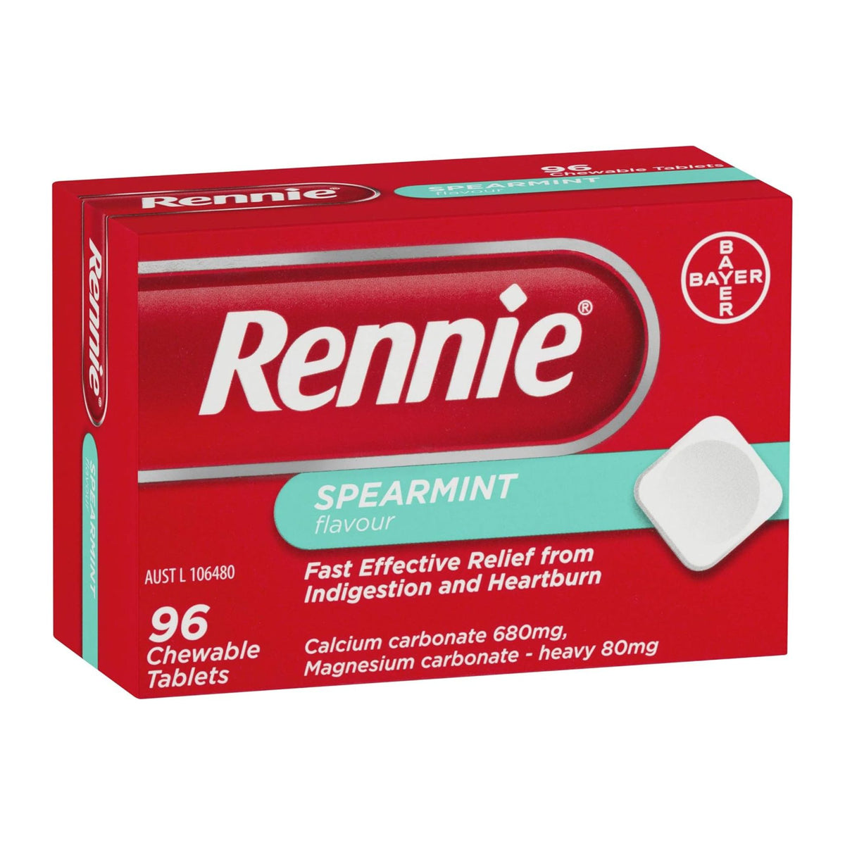 Angled view of Rennie Spearmint 96 Chewable Tablets box​