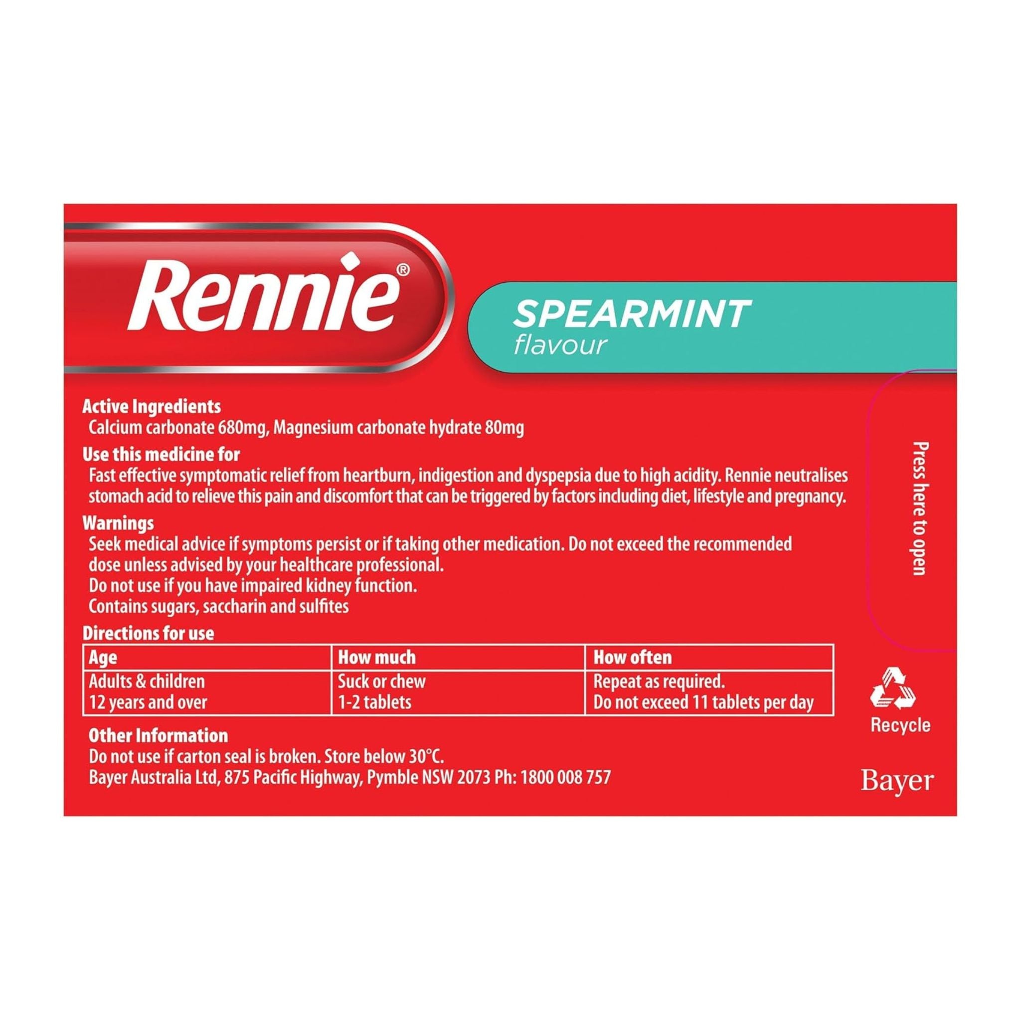 Back view displaying ingredients and usage instructions of Rennie Spearmint 96 Chewable Tablets