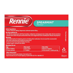 Back view displaying ingredients and usage instructions of Rennie Spearmint 96 Chewable Tablets