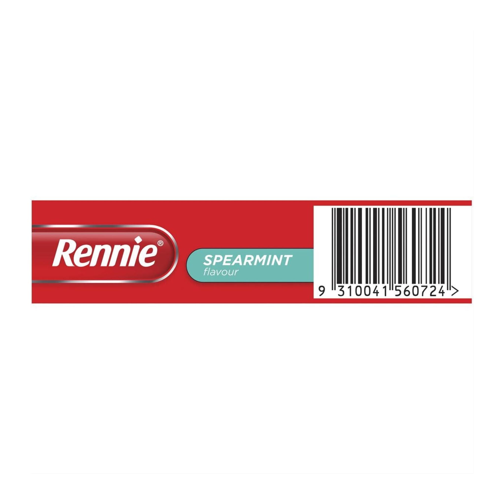 Red label with Rennie branding and spearmint flavor text on a white background