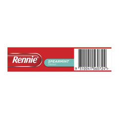 Red label with Rennie branding and spearmint flavor text on a white background