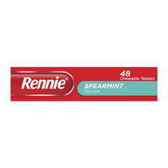 Red and green packaging of Rennie Spearmint Chewable Tablets on a white background