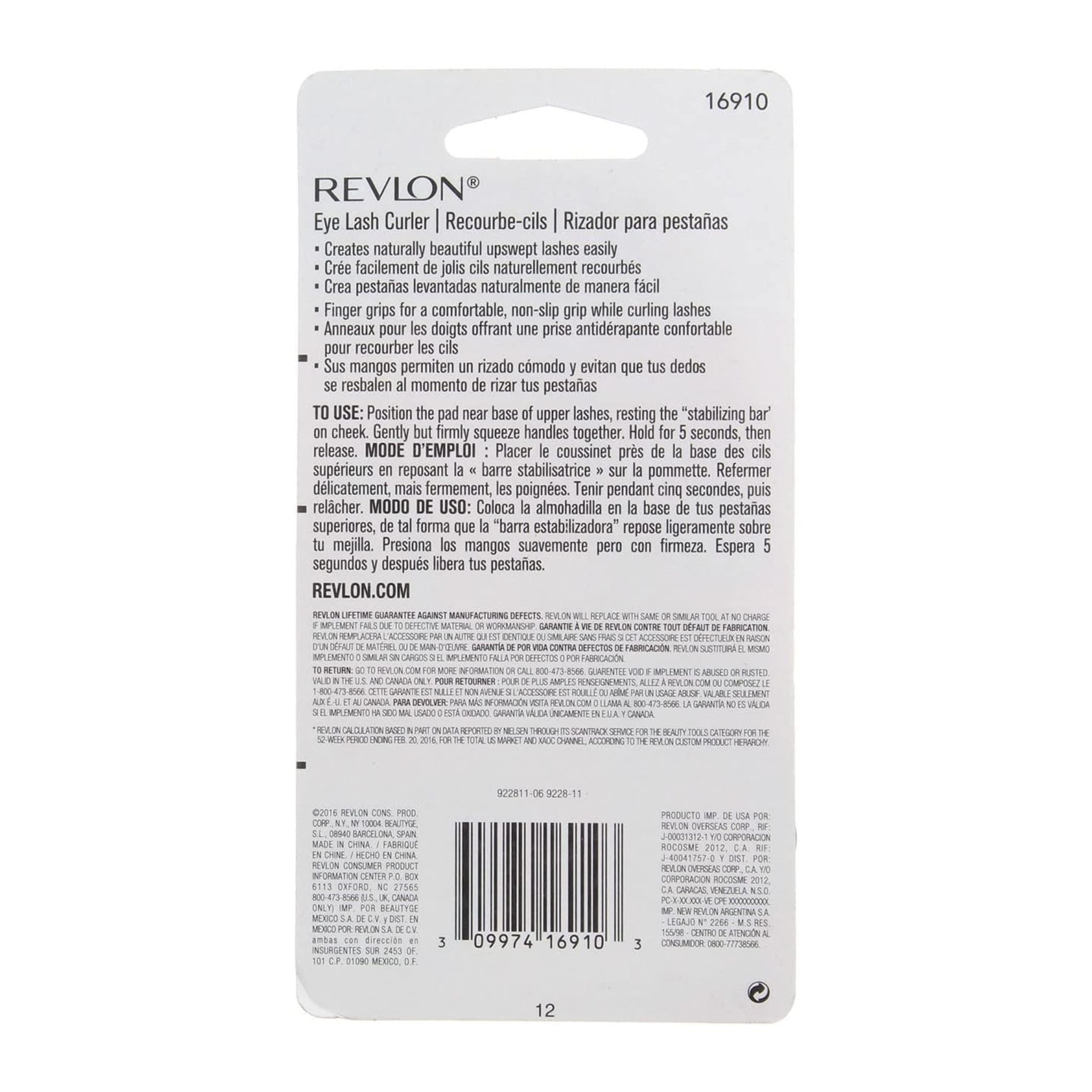 Revlon eyelash curler packaging with text and barcode on a white background