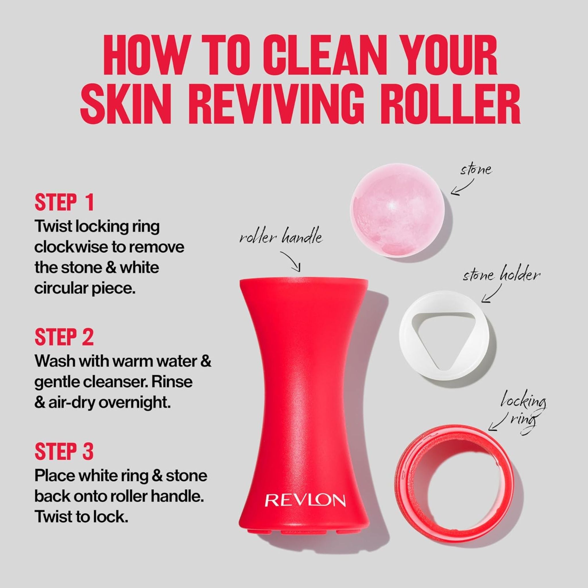 Instructions on how to clean a Revlon skin reviving roller with labeled parts.
