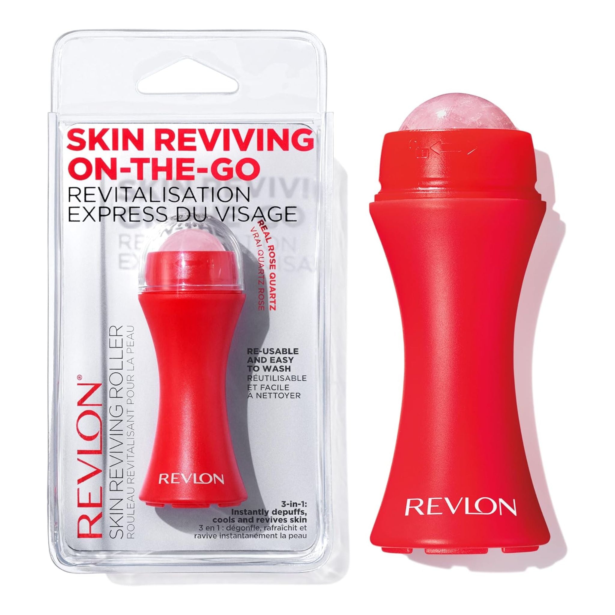 Revlon Skin Reviving Roller in bright red, shown both inside its clear retail blister packaging and unpackaged on a white background.