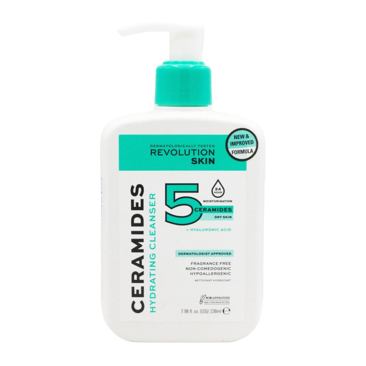 Ceramides hydrating cleanser bottle with teal pump on a white background