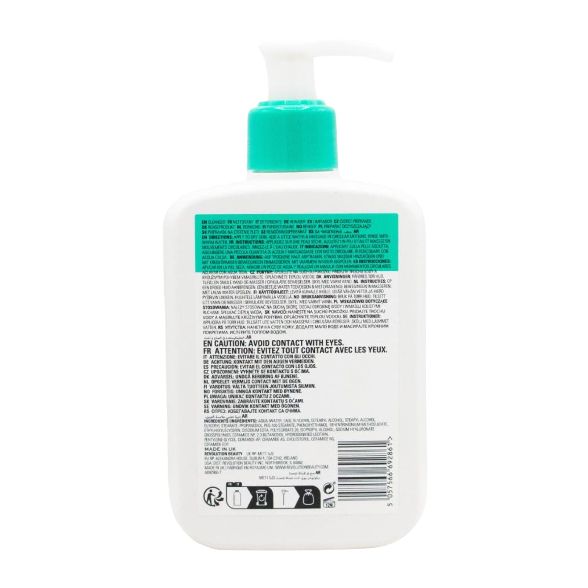Back view of a white bottle with a green pump and label on a white background