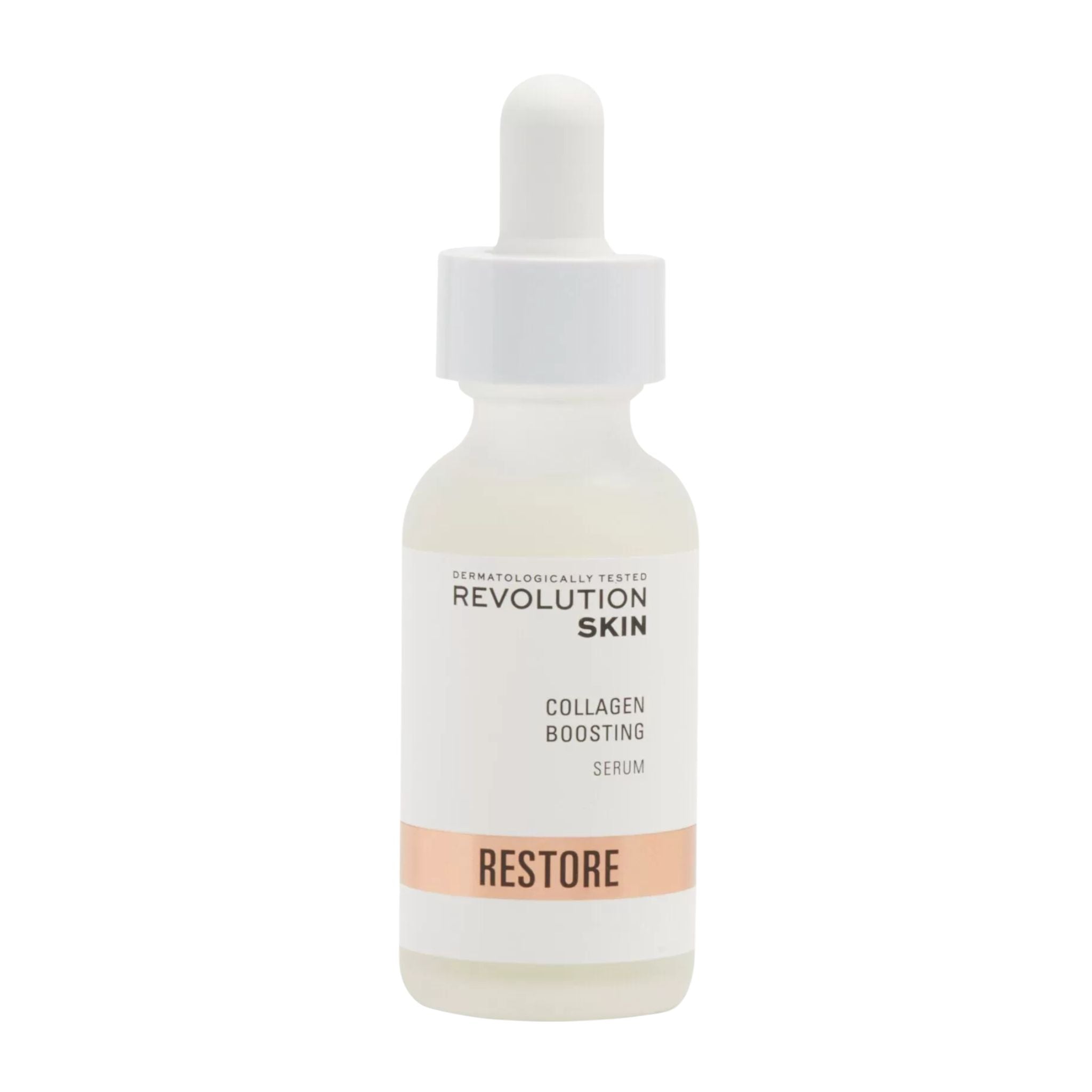 Revolution Skin collagen boosting serum bottle with dropper on a white background