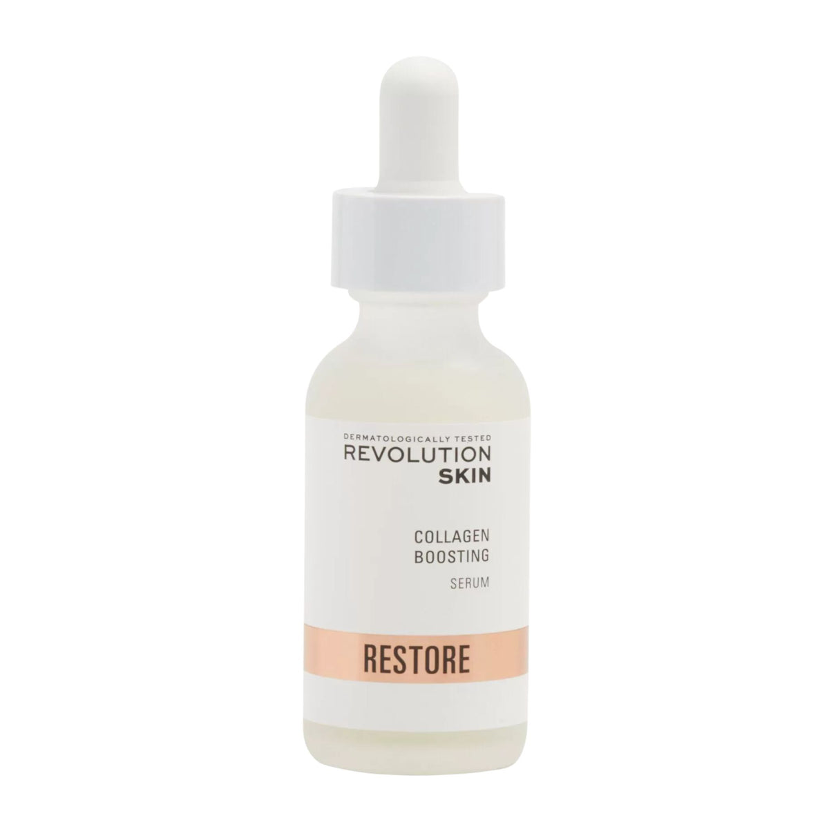 Revolution Skin collagen boosting serum bottle with dropper on a white background