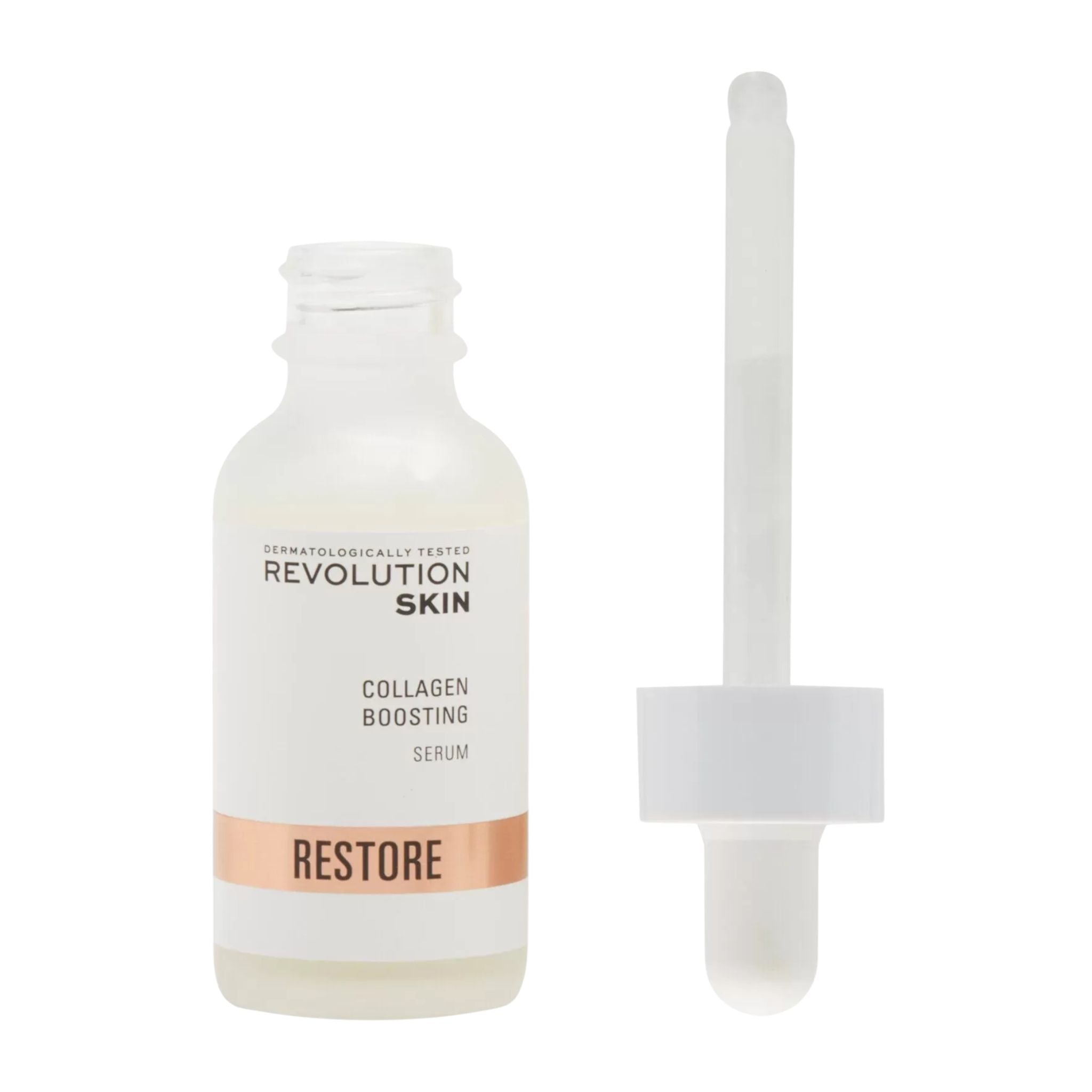 Revolution Skin collagen boosting serum with dropper on a white background