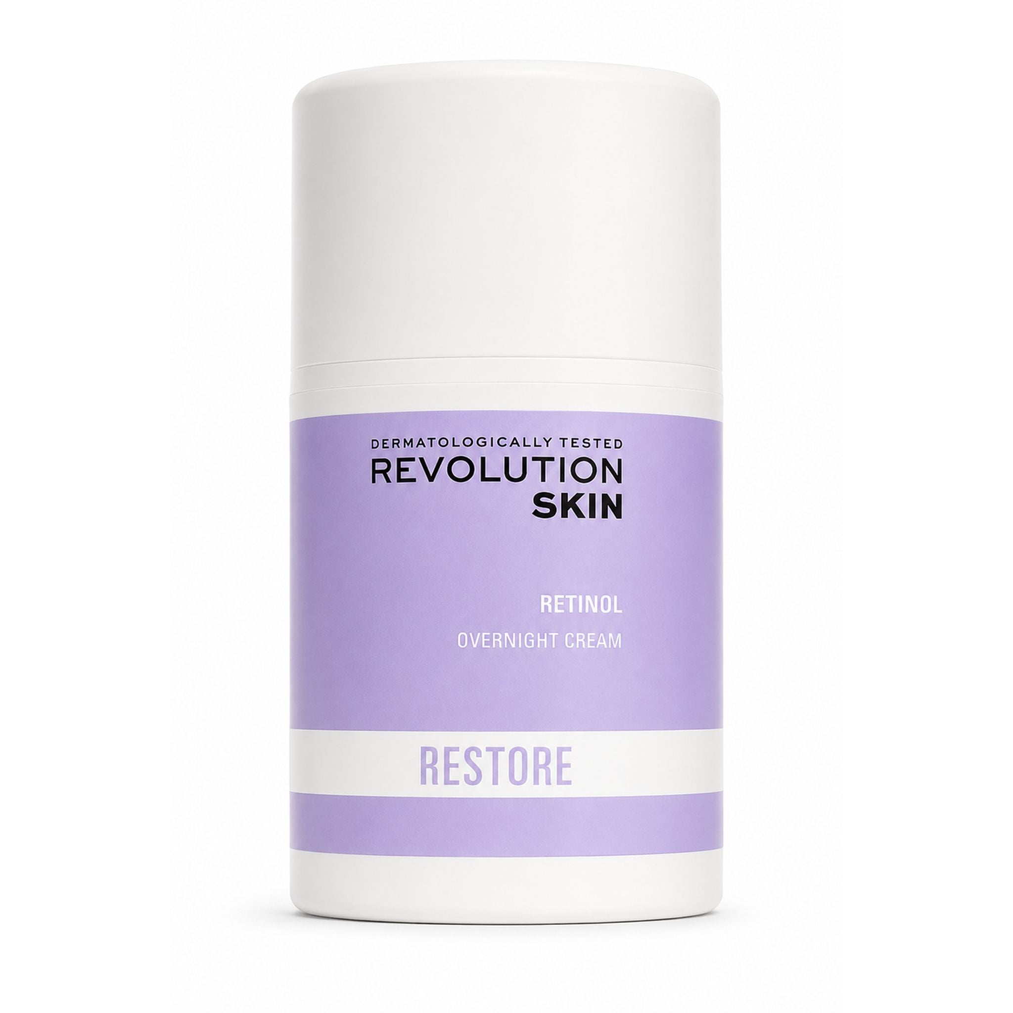 Skincare product container with 'Revolution Skin' branding on a white background