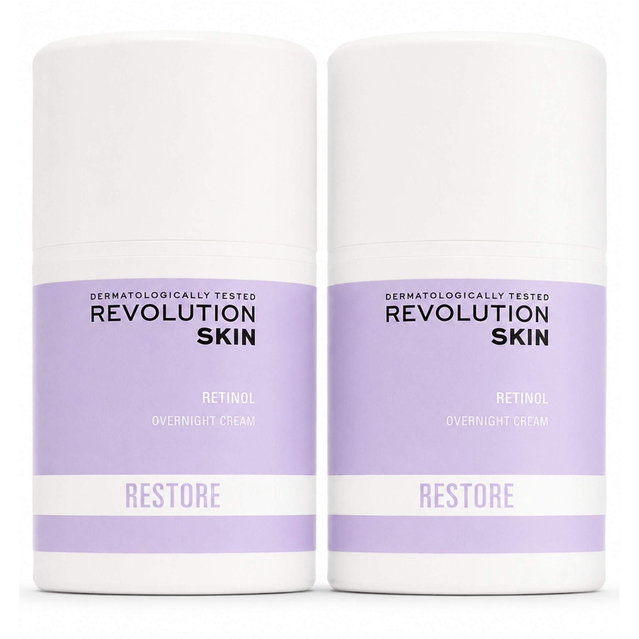Two bottles of Revolution Skin Retinol Overnight Cream on a white background