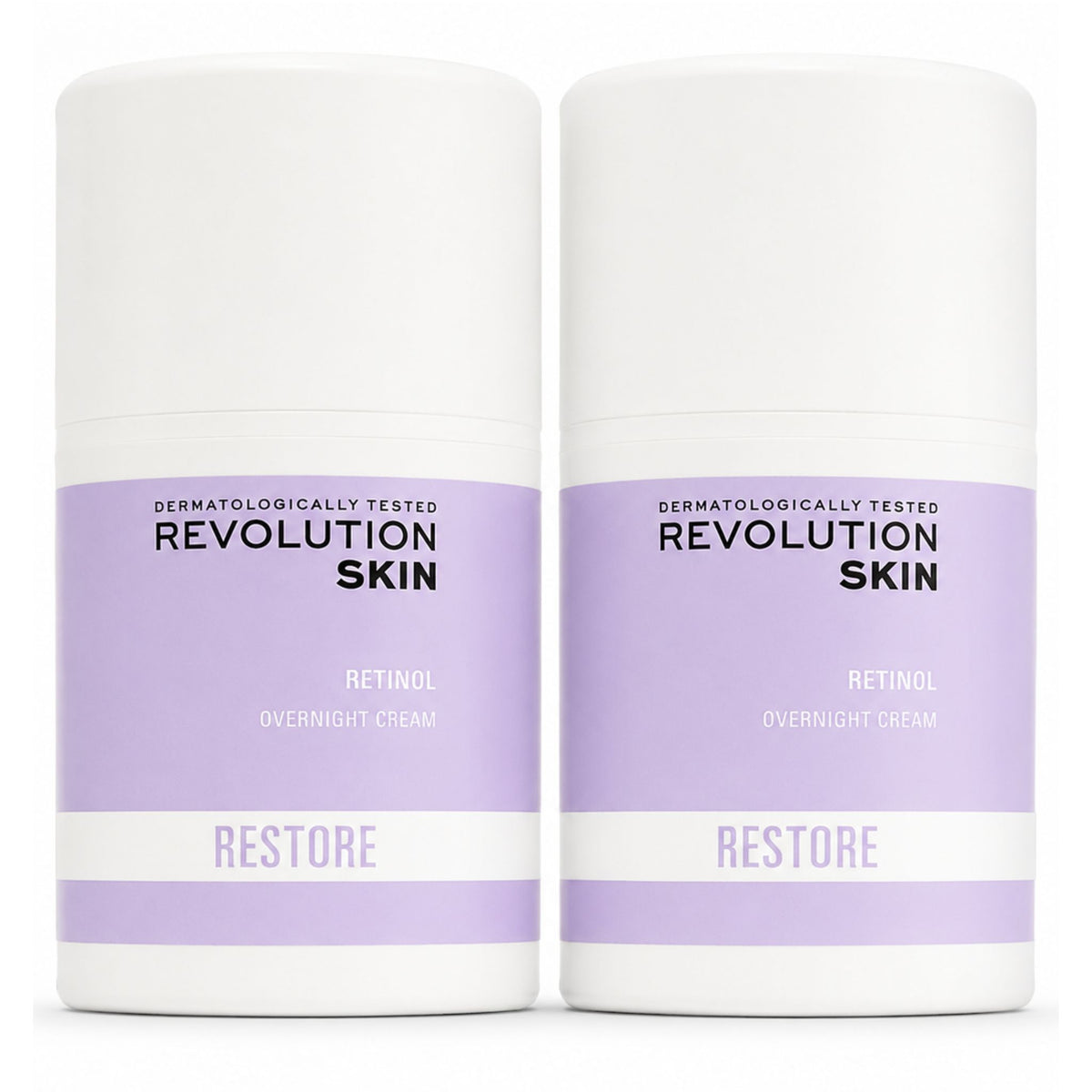 Two bottles of Revolution Skin Retinol Overnight Cream on a white background