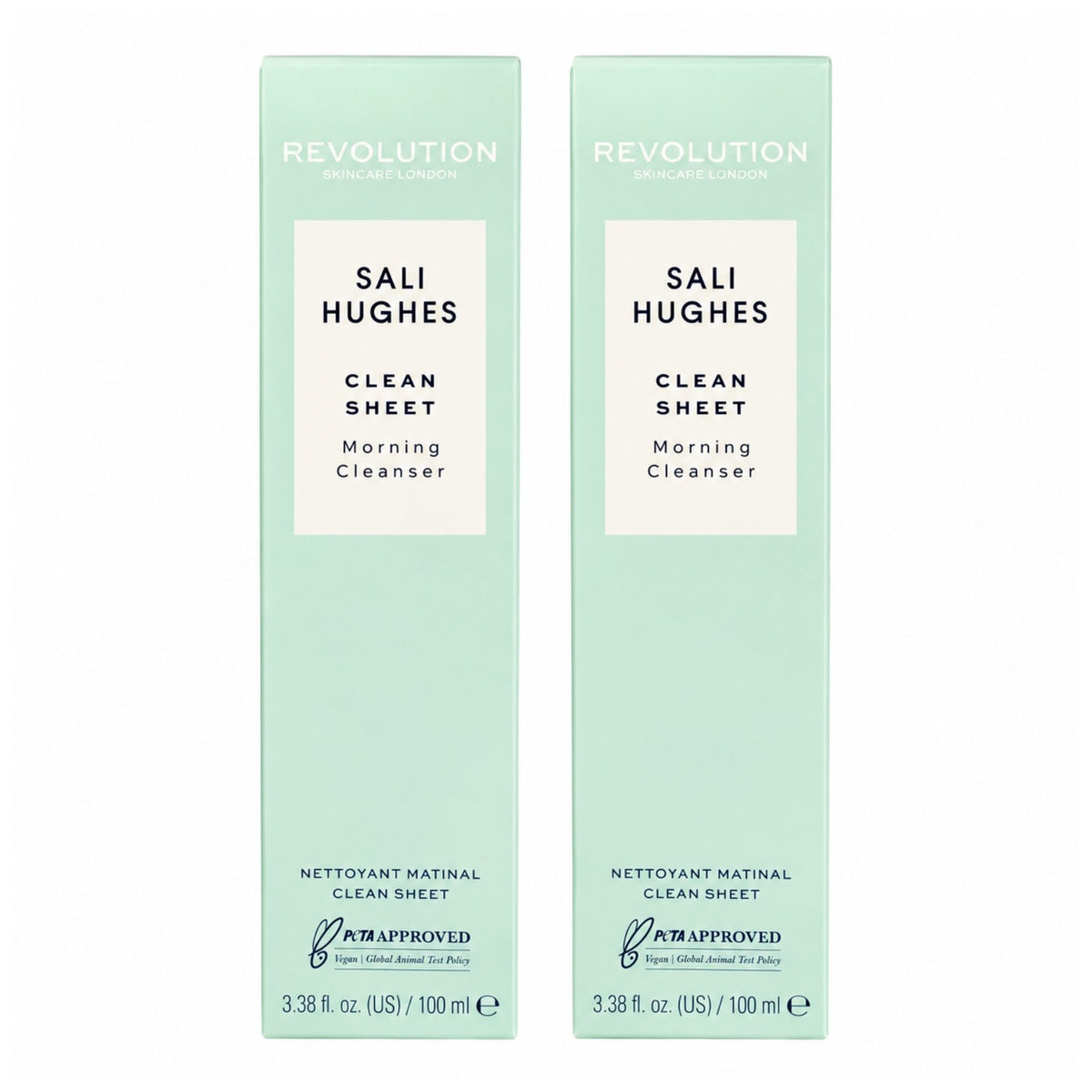 Revolution Skincare Sali Hughes Clean Sheet Morning Cleanser 100ml 2 pack bottle shown alongside product packaging box
